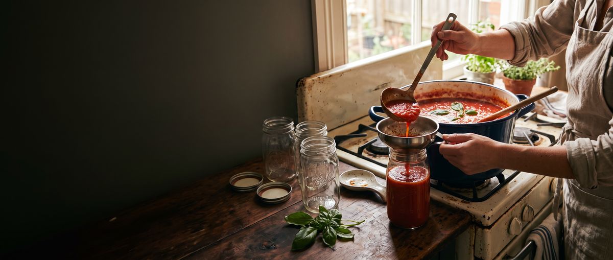 Ladling tomato sauce into a canning jar through a funnel at the stove