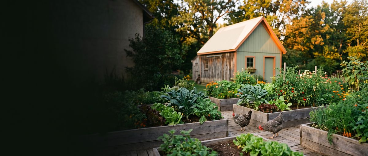 Raised garden beds with chickens in front of a small barn