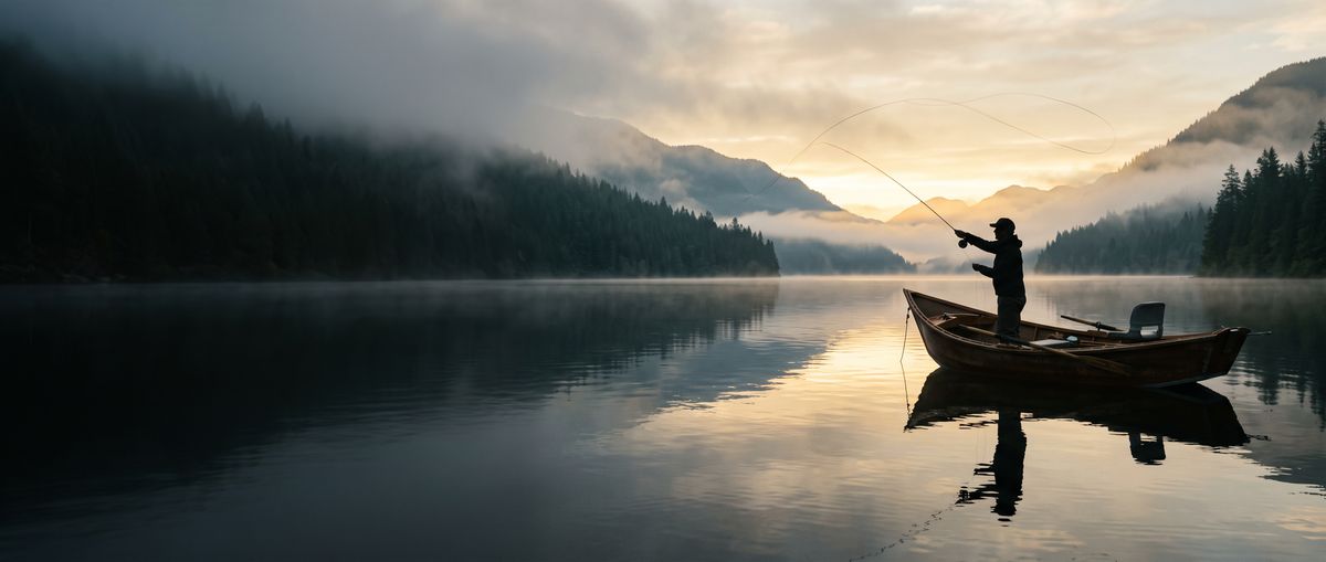 Angler casting from a small boat on a misty lake at dawn