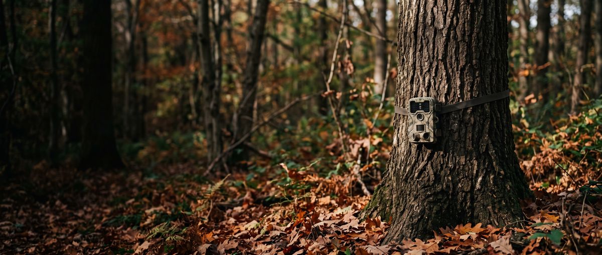 Trail camera strapped to a tree in autumn woods