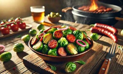 Plate of Brussels sprouts with chorizo sausage and pickled onions
