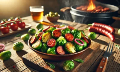 Brussels sprouts with chorizo sausage and pickled onions