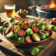 Plate of Brussels sprouts with chorizo sausage and pickled onions