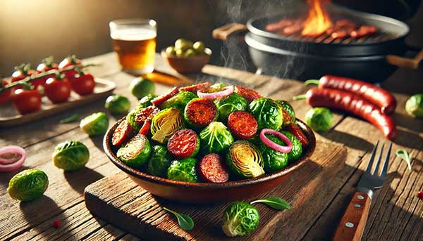 Plate of Brussels sprouts with chorizo sausage and pickled onions