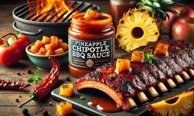 Smoked St. Louis spare ribs with Pineapple Chipotle BBQ Sauce, on a wooden table.
