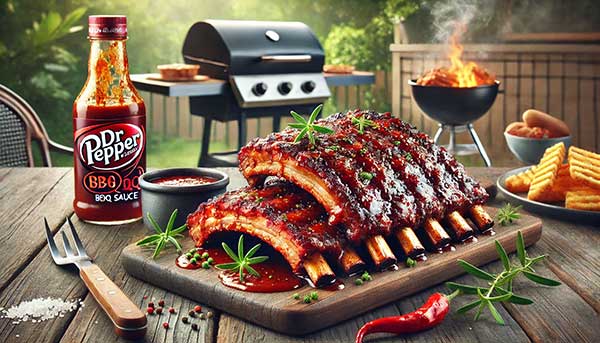 Tender baby back ribs of pork with Dr Pepper BBQ sauce