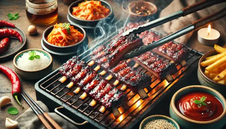 Grilled Korean BBQ short ribs on a sizzling grill, surrounded by side dishes like kimchi, rice, French fries, and dipping sauces, with chopsticks and chili peppers adding a vibrant touch to the rustic wooden table setting.