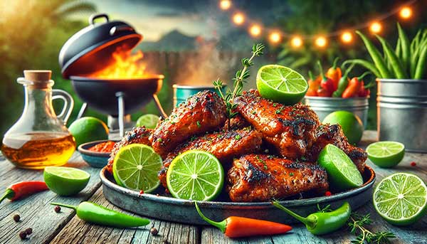 Plate of Spicy Jamaican Jerk Chicken wings with vibrant spices
