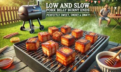 Plate of low and slow pork belly burnt ends with smoky glaze