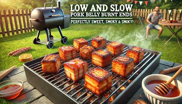Plate of low and slow pork belly burnt ends with smoky glaze