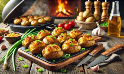 Plate of stuffed mini baked potatoes with cheese and bacon