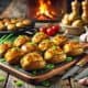 Plate of stuffed mini baked potatoes with cheese and bacon
