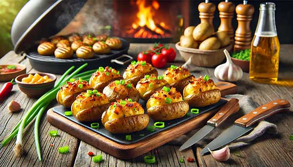 Plate of stuffed mini baked potatoes with cheese and bacon