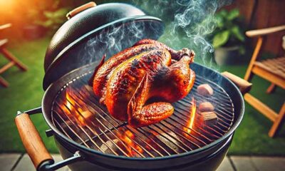 A golden-brown whole smoked bbq chicken on a Weber Kettle grill with flames and applewood chunks, set in a sunny backyard with wooden chairs and green grass in the background.