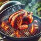 A golden-brown whole smoked bbq chicken on a Weber Kettle grill with flames and applewood chunks, set in a sunny backyard with wooden chairs and green grass in the background.
