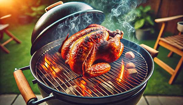 A golden-brown whole chicken is smoking on a Weber Kettle grill with flames and applewood chunks, set in a sunny backyard with wooden chairs and green grass in the background.
