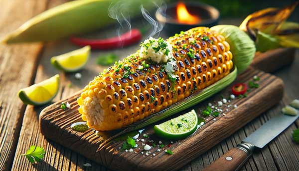 Grilled corn on the cob with zesty chili-lime butter on a plate