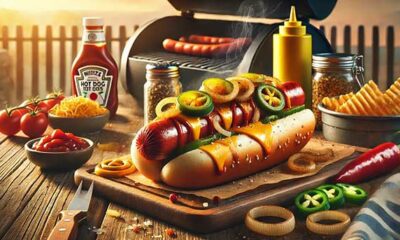 Smoked homemade hot dogs with toppings on bun
