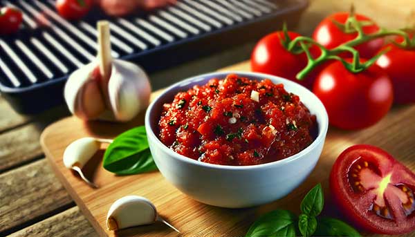 Bowl of Garlic and Smoked Tomato Salsa with fresh ingredients