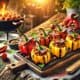 Plate of grilled stuffed sweet mini peppers on a wooden table, fresh vegetables, set against a warm backdrop.