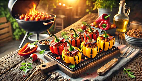 Plate of grilled stuffed sweet mini peppers on a wooden table, surrounded by a grill with flames, fresh vegetables, and a bottle of olive oil, set against a warm sunset backdrop.
