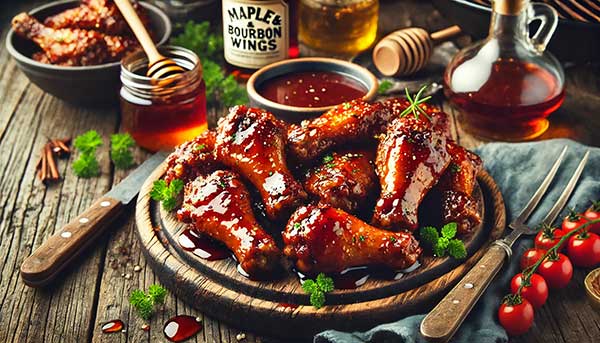 Bourbon and maple chicken wings with a sweet-smoky glaze