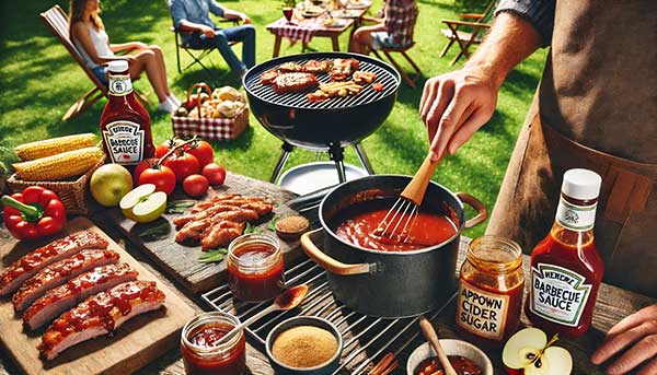 Person stirring homemade barbecue sauce recipe at a BBQ