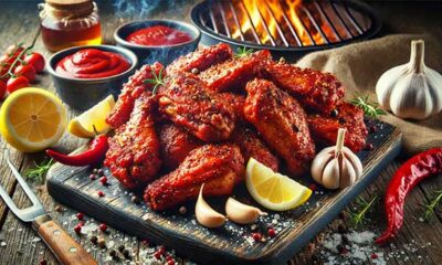 Plate of smoky red chicken wings with bold BBQ glaze