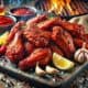 Plate of smoky red chicken wings with bold BBQ glaze