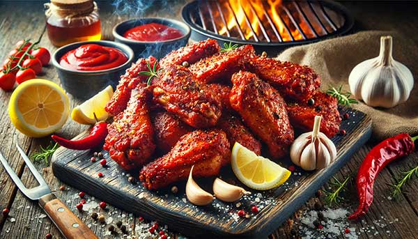 Plate of smoky red chicken wings with bold BBQ glaze