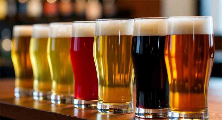 Horizontal lineup of five craft beer styles in glasses: golden pale ale, amber ale, red IPA, dark stout, and hazy wheat beer on a wooden bar, perfect for beer tasting enthusiasts.