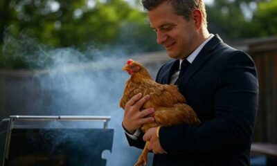 A man in a suit holding a live chicken while standing next to a smoky grill with chicken pieces cooking, set against a backyard background.