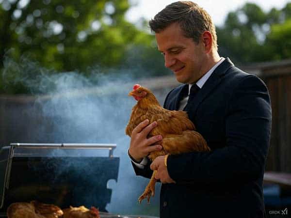 A man in a suit holding a live chicken while standing next to a smoky grill with chicken pieces cooking, set against a backyard background.
