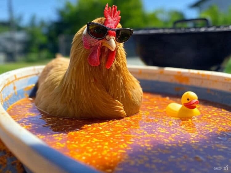 A chicken wearing sunglasses relaxes in a kiddie pool filled with an orange marinade, accompanied by a rubber duck. A BBQ grill is visible in the background.