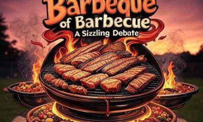 A vibrant logo for 'The Great Barbeque of Barbecue' featuring a stylized, smoky grill with flames and a playful pig wearing a chef’s hat. The text 'The Great Barbeque of Barbecue' is written in bold, rustic red letters above the grill, while the tagline 'A Sizzling Debate' appears below in smaller, italicized orange font. Surrounding the grill are icons representing regional barbecue styles: a Texas brisket slice, Memphis ribs, a Kansas City sauce bottle, Carolina pulled pork, and a dollop of Alabama white sauce. The design uses a warm color palette of reds, oranges, and browns, evoking a humorous and fiery barbecue theme.