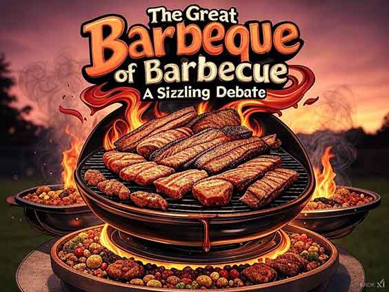 A vibrant logo for 'The Great Barbeque of Barbecue' featuring a stylized, smoky grill with flames and a playful pig wearing a chef’s hat. The text 'The Great Barbeque of Barbecue' is written in bold, rustic red letters above the grill, while the tagline 'A Sizzling Debate' appears below in smaller, italicized orange font. Surrounding the grill are icons representing regional barbecue styles: a Texas brisket slice, Memphis ribs, a Kansas City sauce bottle, Carolina pulled pork, and a dollop of Alabama white sauce. The design uses a warm color palette of reds, oranges, and browns, evoking a humorous and fiery barbecue theme.