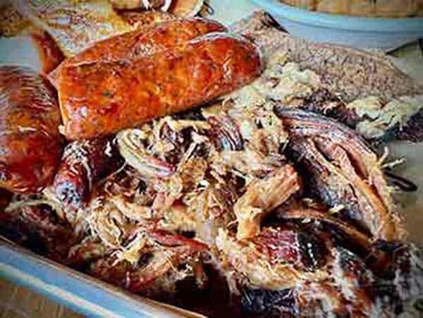 Puckett’s Whole Farm platter with brisket, turkey, and sausage