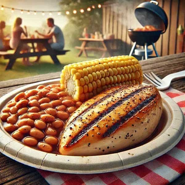 BBQ plate showcasing chicken cooking temps with grilled chicken breast, baked beans, and corn.
