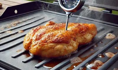 Flattop Chicken breast cooking on a griddle with thermometer