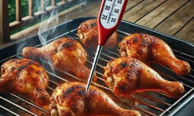 Grilled chicken legs with a thermometer over an open flame