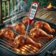 Grilled chicken legs with a thermometer over an open flame