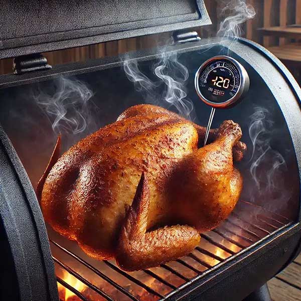 Smoking Chicken in a barbecue smoker with internal temp probe.