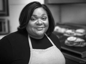 Black-and-white portrait of Marla 'Griddle Queen' Jenkins, griddle expert making smash burgers in Austin, Texas