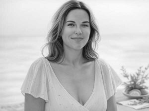 Black-and-white portrait of Mia 'The Coastal Catch' Meyer, seafood grilling expert in Charleston, South Carolina