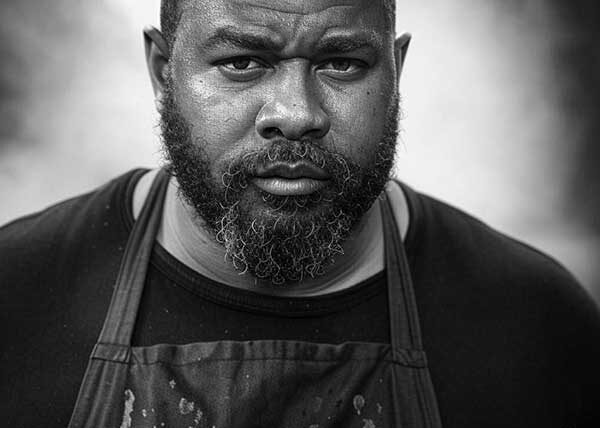 Black-and-white portrait of Travis 'Smoke Daddy' Wheeler, Southern BBQ expert smoking brisket in Franklin, Tennessee
