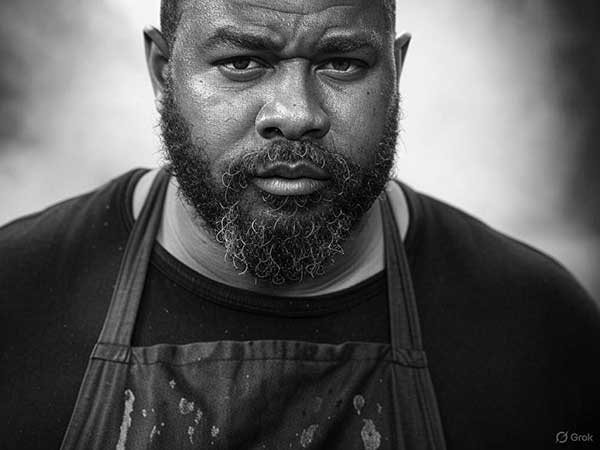 Black-and-white portrait of Travis 'Smoke Daddy' Wheeler, BBQ expert smoking brisket in Franklin, Tennessee