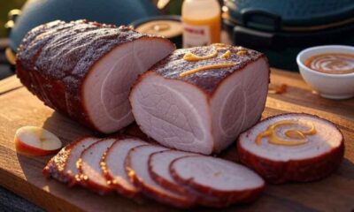 Juicy smoked pork loin with a pronounced pink smoke ring, sliced into ½-inch rounds, on a wooden cutting board, prepared on a Big Green Egg, with wisps of smoke rising, an apple juice spray bottle, and apple slices in the background, under warm golden-hour lighting.