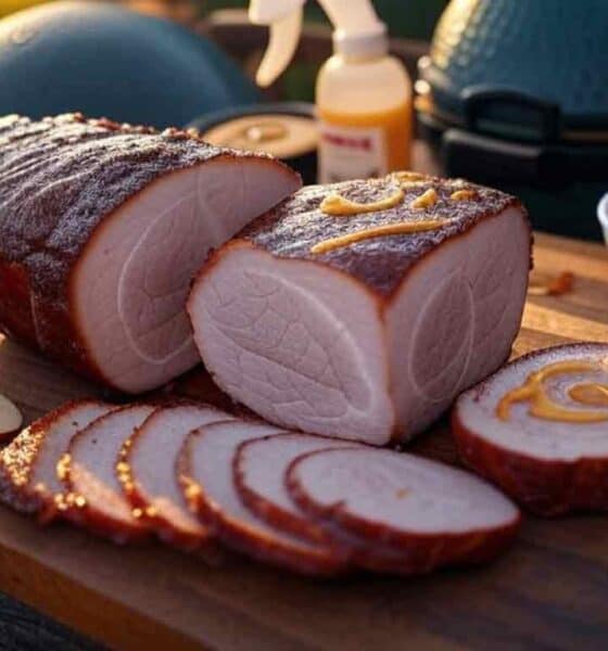 Juicy smoked pork loin with a pronounced pink smoke ring, on a wooden cutting board, prepared on a Big Green Egg.