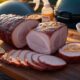 Juicy smoked pork loin with a pronounced pink smoke ring, sliced into ½-inch rounds, on a wooden cutting board, prepared on a Big Green Egg, with wisps of smoke rising, an apple juice spray bottle, and apple slices in the background, under warm golden-hour lighting.