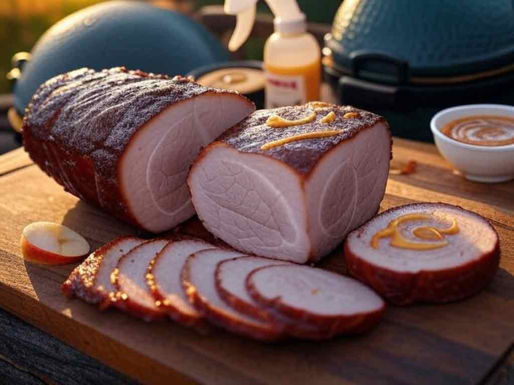 Juicy smoked pork loin with a pronounced pink smoke ring, sliced into ½-inch rounds, on a wooden cutting board, prepared on a Big Green Egg, with wisps of smoke rising, an apple juice spray bottle, and apple slices in the background, under warm golden-hour lighting.